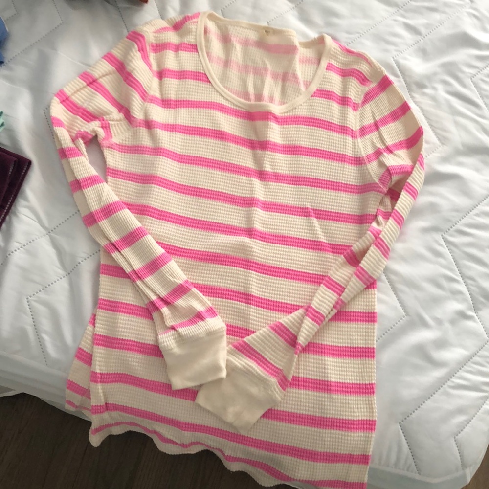 J.Crew Cotton Striped  pink/ivory waffle thermal long sleeve shirt Large GUC